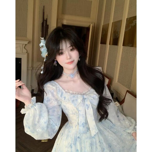 BLOVELAN Blue Bell Secret Heavy Embroidery Printed Splicing Lace Big Swing Slim Long Skirt Girls Dress 2026 Spring Diamond Blue (Dress XS