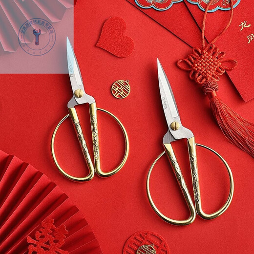 Shushe gold scissors household dragon and phoenix stainless steel scissors wedding retro opening ribbon cutting golden thread cutting scissors No. 1 dragon and phoenix scissors with free tassels