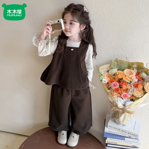 Mumuwu (mumuwu) foreign style girls' small fragrance suit autumn 2026 new style foreign style fashionable children's Korean baby vest three-piece set dark gray 80