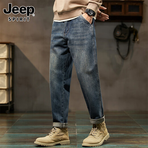 JEEP SPIRIT Jeep jeans men's autumn and winter American loose pants men's pants wide-leg casual pants nostalgic blue 38