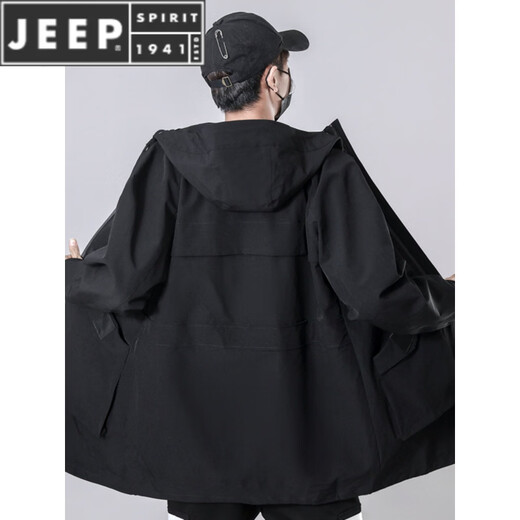 JEEP SPIRIT большой размер ветровка средней длины мужская чисто черная теплая плюс бархатная куртка мужское осенне-зимнее пальто черное/плюс бархат L 110--130Jin Jin равен 0,5 кг