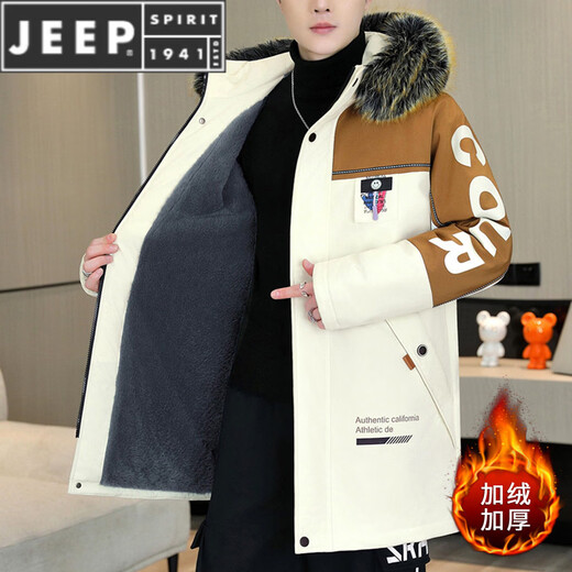 JEEP SPIRIT mid-length parka men's winter new cotton coat plus velvet thickened cotton coat hooded windbreaker jacket warm cotton jacket black coffee - with fur collar M about 80-100 Jin Jin equals 0.5 kg can be worn