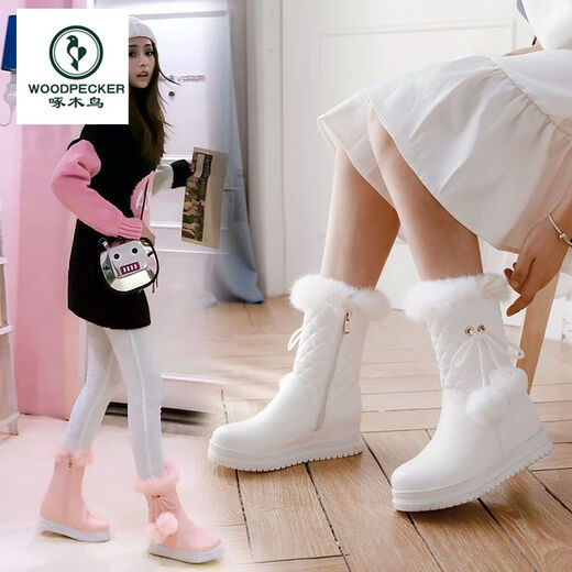 Woodpecker 2025 New Sweet Student Short Boots Women's Winter Thickened Anti-Slip Cotton Shoes Women's Velvet Warm Mid-calf Snow Boots Women's White (Plus Thick Velvet) Free Socks 37