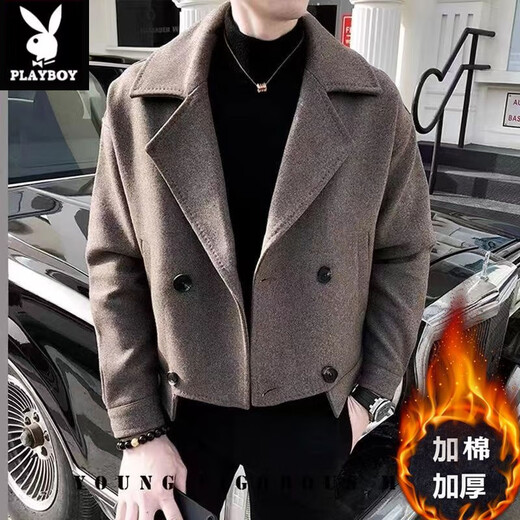 Playboy (PLAYBOY) Lapel Windbreaker Men's 2025 New Autumn and Winter Woolen Coat Men's Trendy Versatile Handsome Woolen Coat Coat Brown XL 130-140Jin Jin equals 0.5 kg