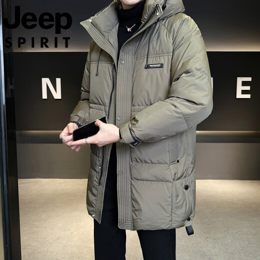 JEEP международный бренд, пуховик средней длины, мужской зимний утолщенный, 2025, новая уличная морозостойкая куртка с капюшоном, зеленый M 100-120Jin Jin, вес 0,5 кг