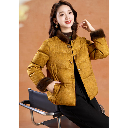 Kebel Chinese style fur stitching warm coat women's winter new style Hongyun high-end light luxury down jacket yellow M