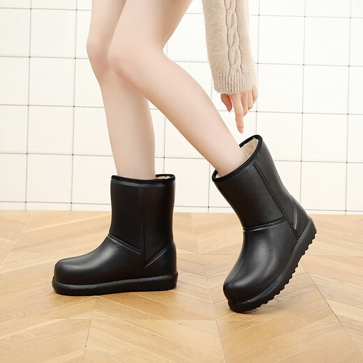 冬季加绒保暖雨鞋女防水防滑中筒加棉雨靴EVA轻便厨房洗车工作鞋 黑色 36-37