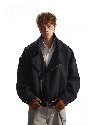 OEMG American retro deconstructed woolen coat men's autumn and winter tops thickened warm silhouette lapel jacket dark gray high quality XL recommended 110-130Jin Jin equals 0.5 kg