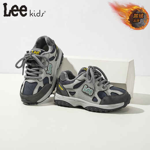 Lee children's shoes new winter plus velvet children's sports shoes student Velcro running shoes warm cotton shoes for boys and girls dark gray blue 26 recommended foot length 157mm
