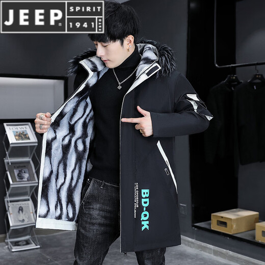 JEEP SPIRIT winter parka men's velvet thickened jacket trendy winter mid-length windbreaker warm cotton men's jacket BDQ black rice plus velvet thickened with fur collar L