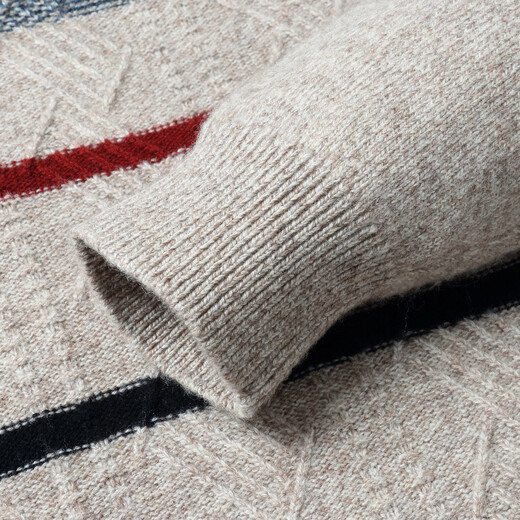 Bosssunwen 100% sheep wool, recommended for spring, casual and versatile, contrasting stripes, skin-friendly and soft men's round neck cardigan, light camel M