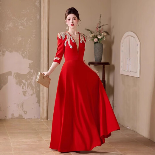 Timochi host dress female adult temperament annual meeting choir performance dress long skirt recitation evening student red song competition red S