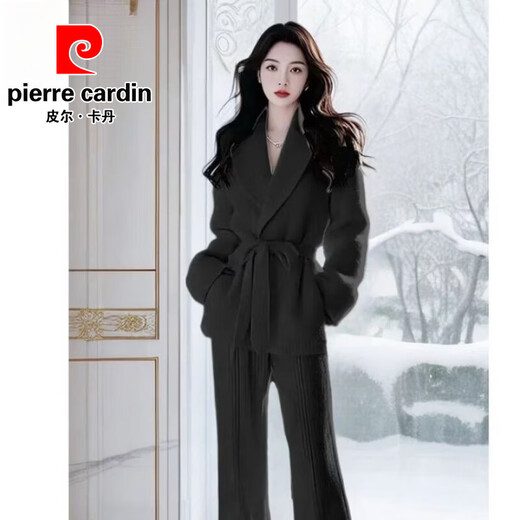 Pierre Cardin Lazy Style Lapel Sweater Jacket Wide Leg Pants Suit Women's Casual Fashion Two-piece Set 2025 Autumn and Winter New Style Dark Gray Suit Standard Edition S Recommended 80-95Jin Jin is equal to 0.5 kg