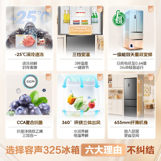 Rongsheng 325L French multi-door four-door double-cycle household refrigerator first-class energy efficiency variable frequency air-cooled frost-free ultra-thin small apartment maternal and infant space trade-in national subsidy air-cooled frost-free energy-saving refrigerator BCD-325WD18MP gray