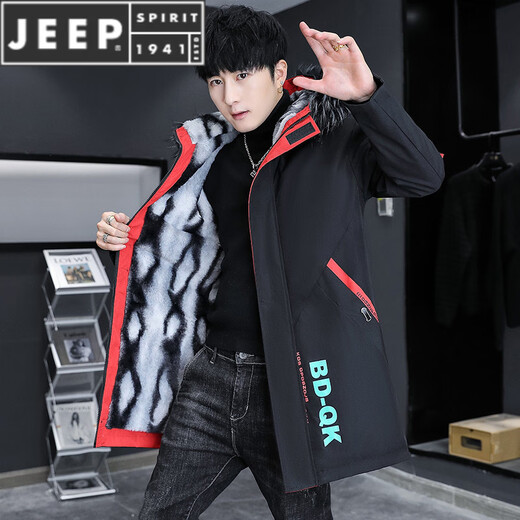 JEEP SPIRIT winter parka men's velvet thickened jacket trendy winter mid-length windbreaker warm cotton men's jacket BDQ black rice plus velvet thickened with fur collar L