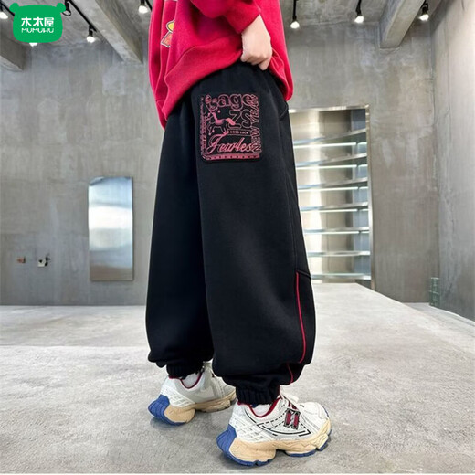 Wooden wooden house boys' fleece pants winter 2026 new children's large children's autumn and winter thickened zodiac new year sports cotton pants black 100