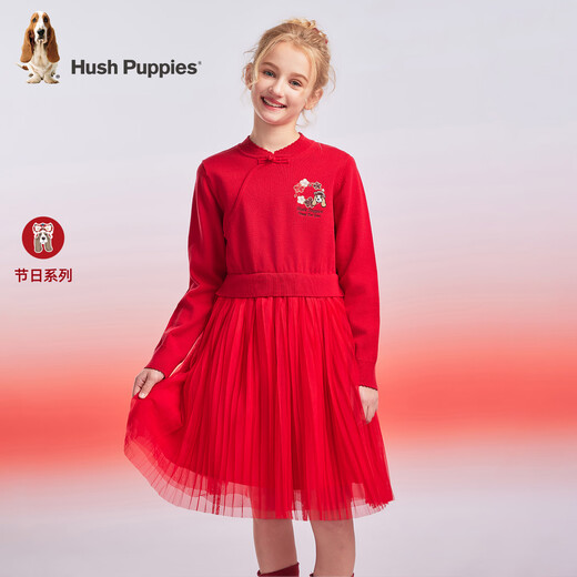 Hush Puppies children's clothing girls' dress medium and large children's sweet long-sleeved dress New Year's greetings dress New Year's style classic red 150