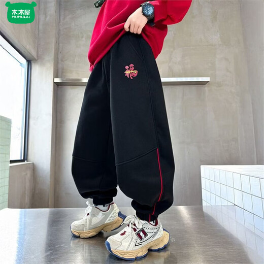 Wooden wooden house boys' fleece pants winter 2026 new children's large children's autumn and winter thickened zodiac new year sports cotton pants black 100