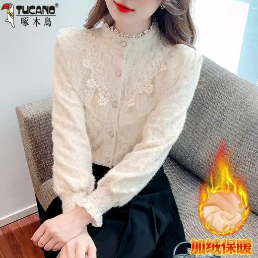 Woodpecker (TUCANO) 2026 Autumn and Winter Warm Shirt Women's Niche Design Velvet Bottoming Shirt Versatile Age-Reducing Long-Sleeved Shirt for Women Apricot Velvet Thickened L Recommended 95-110 Jin Jin equals 0.5 kg