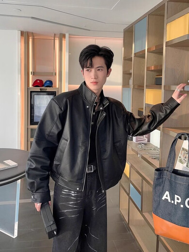 Lanye Mengxiang Xinji Leather Jacket Spring and Autumn Short Maillard Leather Jacket Men's Loose and Handsome Stand-up Collar Shoulder Pad Motorcycle Suit PU Black High-Quality Customized Model-Direct Sales M Recommendation 100-120Jin Jin is equal to 0.5 kg