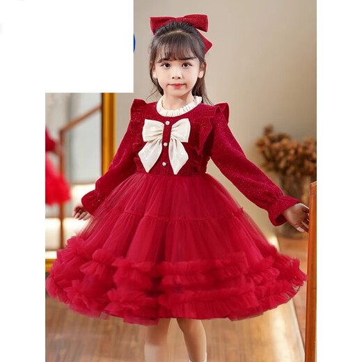 Didi HEYDIDY girls dress winter 2025 new baby autumn and winter New Year's greetings children's wear New Year's clothes princess skirt pink 100 cm