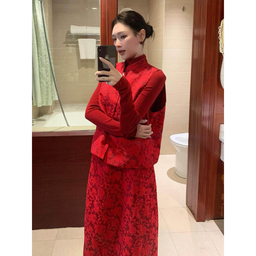Pick-up Cat Toast Wear Wedding New Chinese Style National Style Engagement Dress Red Vest Suit Skirt Toast Wear Women Winter Bridal Knot Three-piece Set (Red Vest + Inner + Skirt) L
