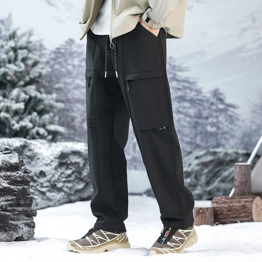 Buyi Legend water-repellent and velvet thickened trouser legs with large capacity patch pocket workwear outdoor small tapered men's casual pants black 33