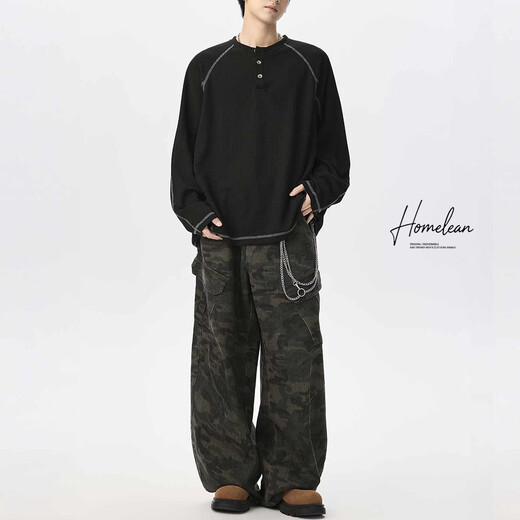 Homlean casual sweatshirt Henry collar long-sleeved T-shirt men's loose inner textured versatile top HW11 Obsidian Black L