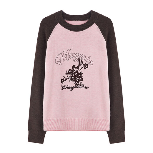 Qiushui Yiren Contrast Color Raglan Sleeve Embroidered Pullover Sweater 2025 Winter New Women's Versatile Round Neck Sweater Flesh Pink S