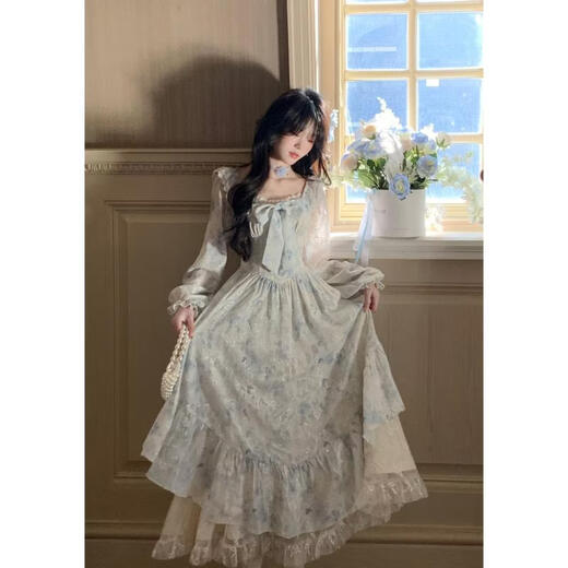 BLOVELAN Blue Bell Secret Heavy Embroidery Printed Splicing Lace Big Swing Slim Long Skirt Girls Dress 2026 Spring Diamond Blue (Dress XS