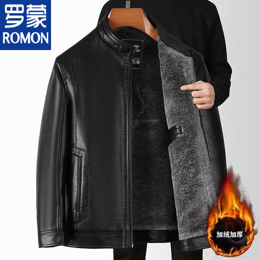 ROMON high-end soft leather middle-aged leather jacket plus velvet thickened men's casual loose large size leather jacket middle-aged and elderly dad's outfit really upgraded black plus velvet standing leather jacket thickened 3XL 190 reference weight 160-180Jin Jin is equal to 0.5 kg