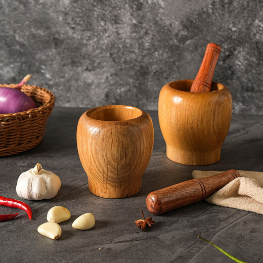 Sheli solid wood garlic mortar, log garlic masher, medicinal jar, wooden grinder, household chili garlic masher, medium size (with garlic masher)