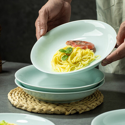 Tuojin Jingdezhen high temperature shadow celadon dishes and spoons free combination rice bowl noodle bowl round plate household tableware gift porcelain 8.5 inch soup bowl 1 piece