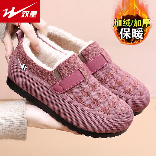Double Star women's shoes winter new style for middle-aged and elderly people plus velvet to keep warm old Beijing canvas shoes one-step mother cotton slippers grandma shoes purple 37
