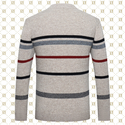 Bosssunwen 100% sheep wool, recommended for spring, casual and versatile, contrasting stripes, skin-friendly and soft men's round neck cardigan, light camel M