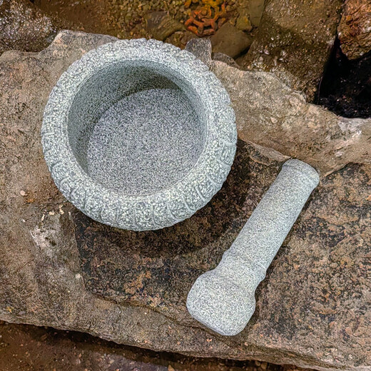 MPPMCK black gold stone mortar garlic pounder medicine jar retro bluestone stone cup household food supplement grinder bowl old-fashioned garlic press outer diameter 16cm medium size