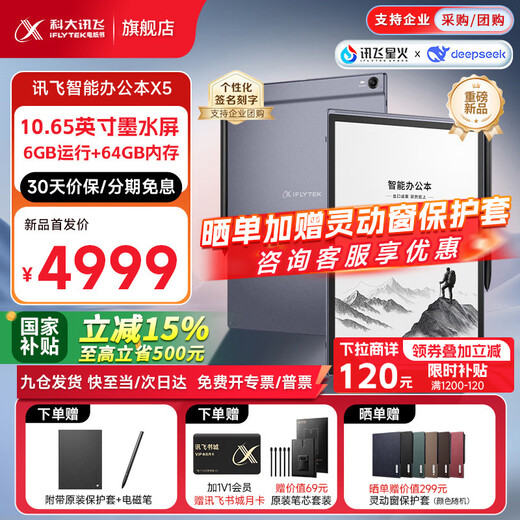 IFlytek smart office notebook X5/X5Pro flagship new product 10.65-inch ink screen e-book reader handwriting notebook tablet voice to text meeting records hot new product X5 Standard Edition 6+64G iFlytek local AI large model *DeepSeek dual engine driver