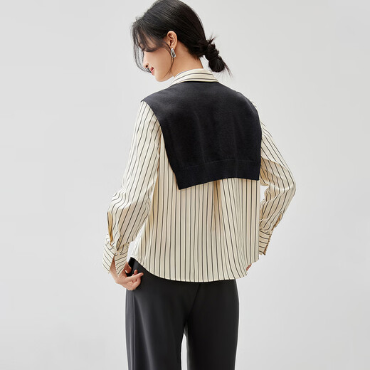 Sentubila comfortable commuting cotton shirt with sheep wool movable shawl fashion set apricot bottom green stripe L