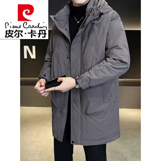 Pierre Cardin mid-length men's down jacket winter 2026 new hooded thickened trendy brand men's winter windbreaker jacket black XL 120-140Jin Jin equals 0.5 kg