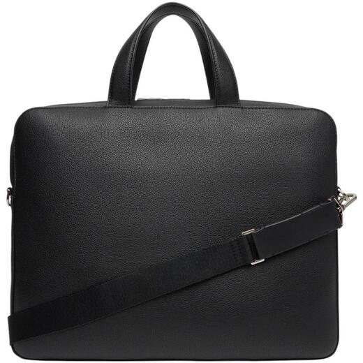 Calvin Klein Jeans men's briefcase large capacity multi-compartment removable shoulder strap front zipper bag black micrograin PU material Black SIZE 1
