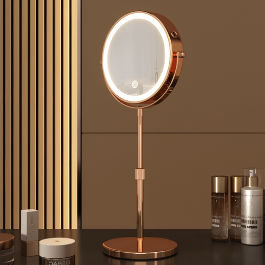 Large LED makeup mirror that can be raised and lowered, telescopic double-sided illuminated mirror, desktop magnifying mirror, adjustable height, 8 inches, silver, straight pole, 3x magnification