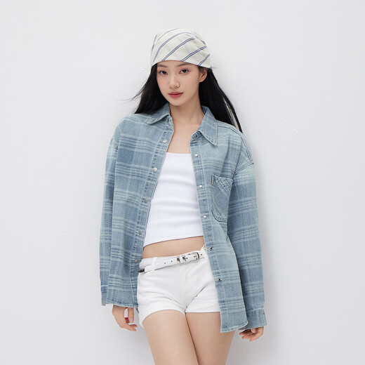 Semir Senrou | Denim shirt women's spring mid-length oversize off-shoulder long-sleeved shirt 103125105002