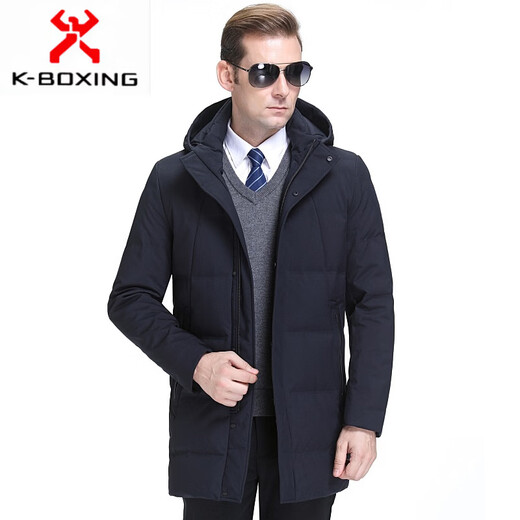 KBXNG Jinba Мужской пуховик средней длины Утолщенный белый утиный пух с капюшоном Корейская одежда для пап Свободная повседневная верхняя одежда для среднего и пожилого возраста 2063 Синий XL 180/52