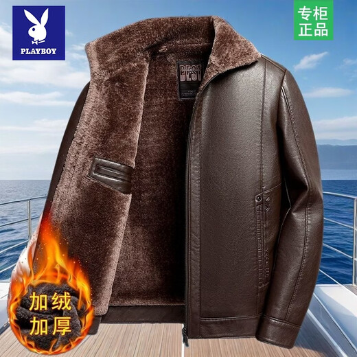 花花公子中老年男士爸爸加厚皮衣加绒冬装外套一体中老年人保暖冬季皮夹克 湘湘款 黑色皮毛一体 XL 180/96A 建议125-140斤