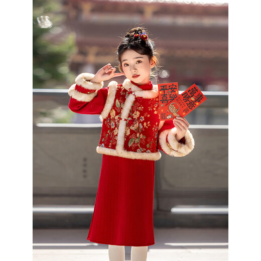 HAL.DUCK New Year's Eve Wear for Girls New Chinese Style Cheongsam and Vest Suit Children's Winter Thickened Red Little Girl's New Year's Eve Wear Tang Suit Red-(Cheongsam+Vest)-Two-piece Set 160