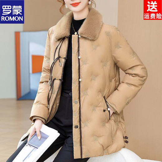 ROMON middle-aged mother's new winter down jacket, middle-aged and elderly women's winter clothing, western style jacket, thickened big fur collar, fashionable khaki XL recommended 85-110Jin Jin equals about 0.5 kg