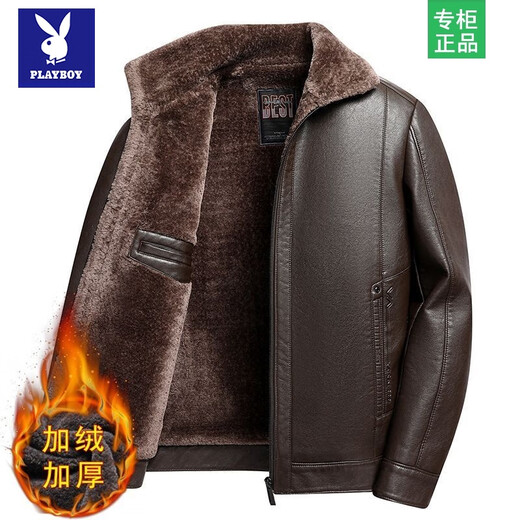 花花公子中老年男士爸爸加厚皮衣加绒冬装外套一体中老年人保暖冬季皮夹克 湘湘款 黑色皮毛一体 XL 180/96A 建议125-140斤