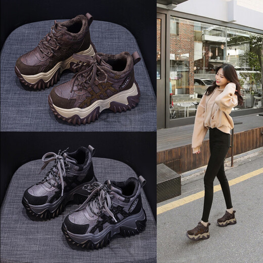 OLJ luxury high-end brand women's shoes dad shoes 2025 winter new casual and versatile velvet warm and height-increasing sneakers velvet brown 34