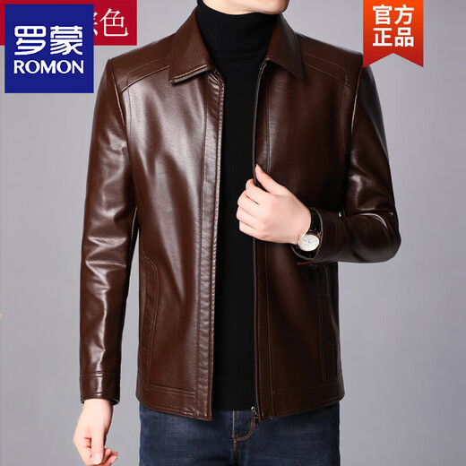 ROMON autumn and winter Haining leather jacket men's loose lapel plus velvet thickened sheepskin leather jacket men's leather jacket dad wear lapel black M 170 100-120Jin Jin equals 0.5 kg
