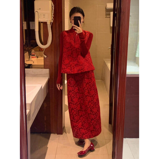 Pick-up Cat Toast Wear Wedding New Chinese Style National Style Engagement Dress Red Vest Suit Skirt Toast Wear Women Winter Bridal Knot Three-piece Set (Red Vest + Inner + Skirt) L